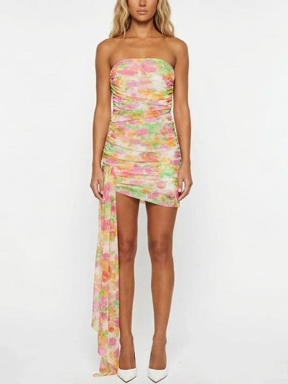 Strapless Ruched Multicolor Mini Dress - Dresses