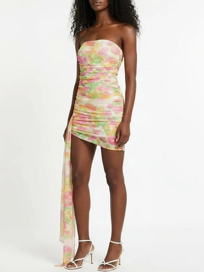Strapless Ruched Multicolor Mini Dress - Dresses