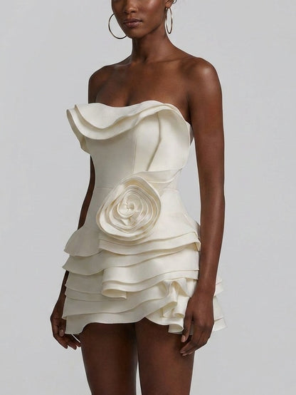 Strapless Ruffle Tiered Mini Dress with Rosette - Dresses