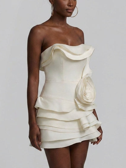 Strapless Ruffle Tiered Mini Dress with Rosette - Dresses