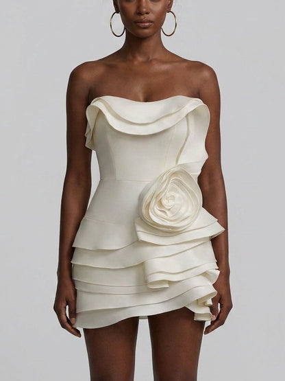 Strapless Ruffle Tiered Mini Dress with Rosette - Dresses