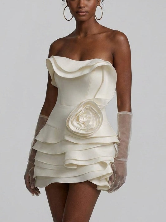 Strapless Ruffle Tiered Mini Dress with Rosette - Dresses