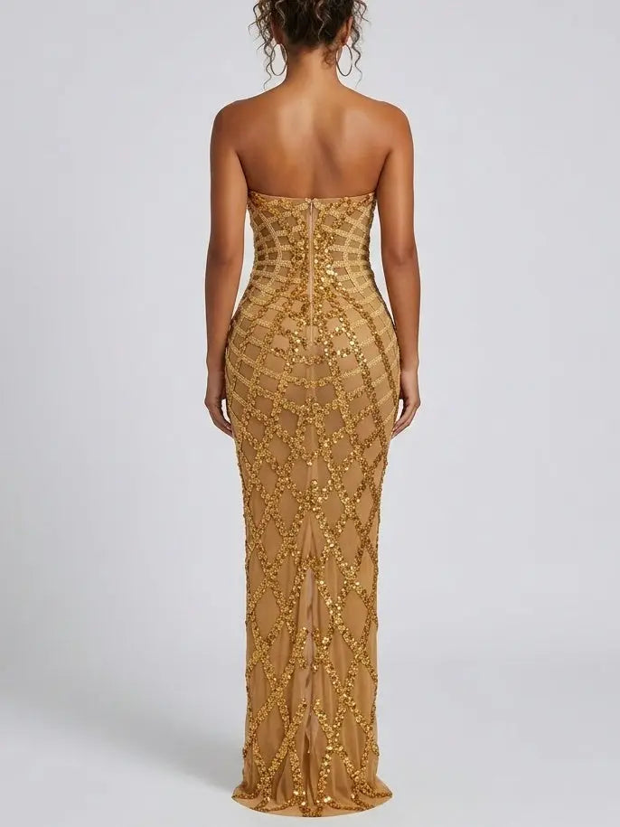 Strapless Sequin Mesh Gown with Structured Panels - Dresses