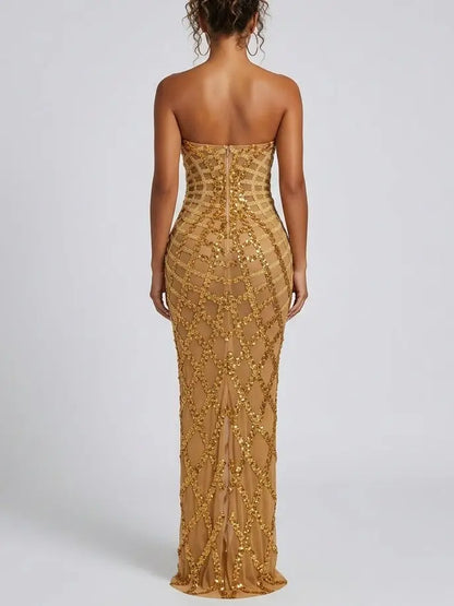 Strapless Sequin Mesh Gown with Structured Panels - Dresses