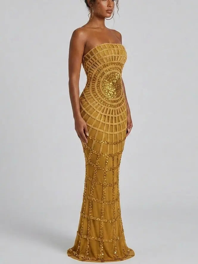 Strapless Sequin Mesh Gown with Structured Panels - Dresses