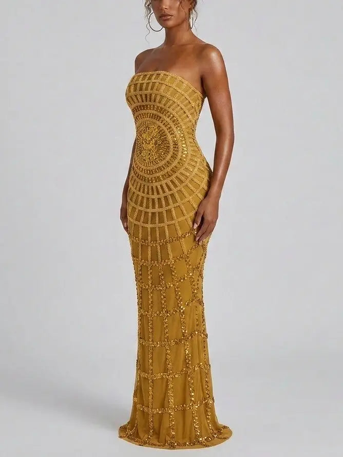 Strapless Sequin Mesh Gown with Structured Panels - Dresses