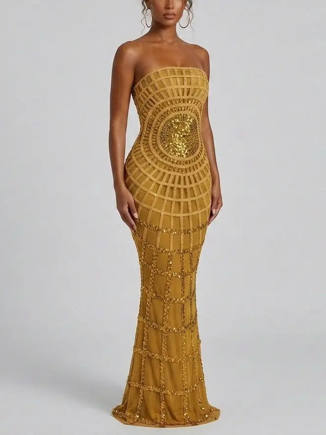 Strapless Sequin Mesh Gown with Structured Panels - Dresses