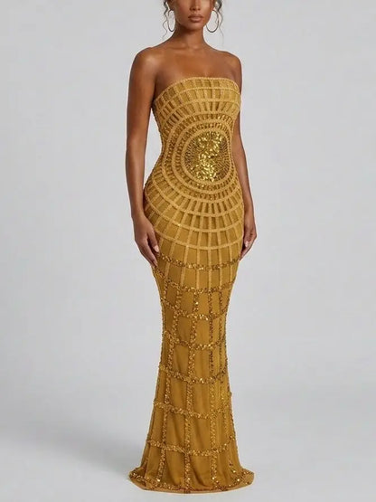 Strapless Sequin Mesh Gown with Structured Panels - Dresses