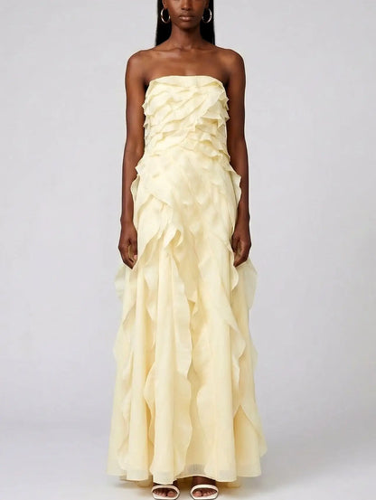 Strapless Tiered Frill Yellow Maxi Dress - Dresses