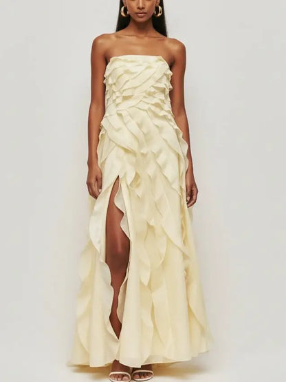 Strapless Tiered Frill Yellow Maxi Dress - Dresses