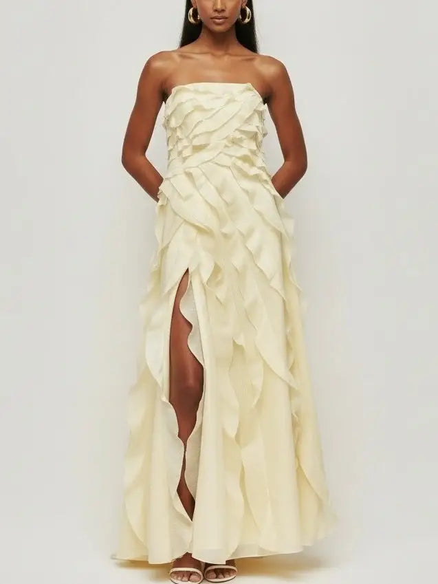 Strapless Tiered Frill Yellow Maxi Dress - Dresses