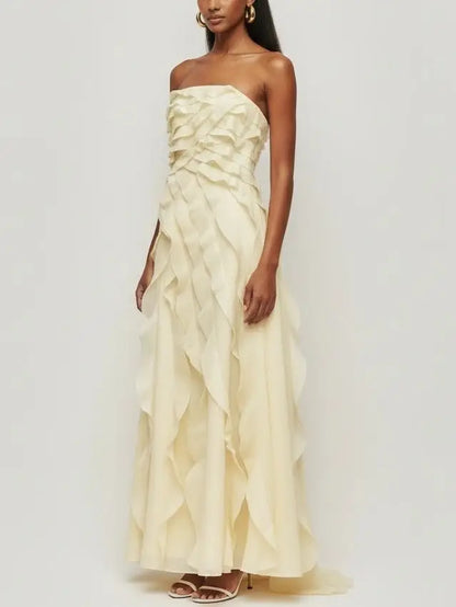 Strapless Tiered Frill Yellow Maxi Dress - Dresses