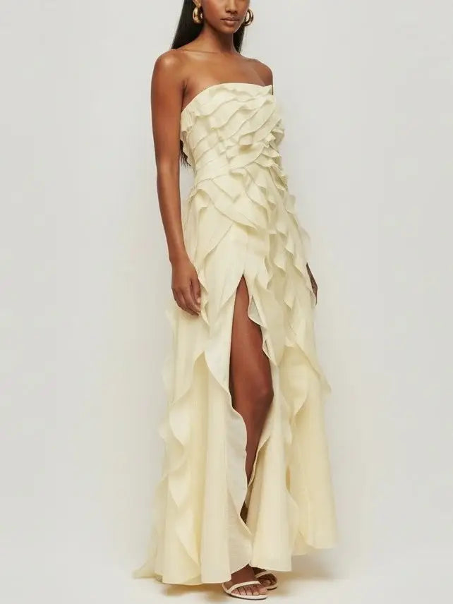 Strapless Tiered Frill Yellow Maxi Dress - Dresses