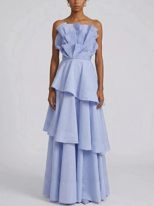 Strapless Tiered Ruffle Maxi Dress - S / Pale Blue - Dresses