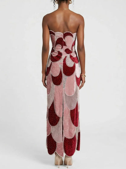 Strapless Velvet Panel Embellished Maxi Dress - Dresses