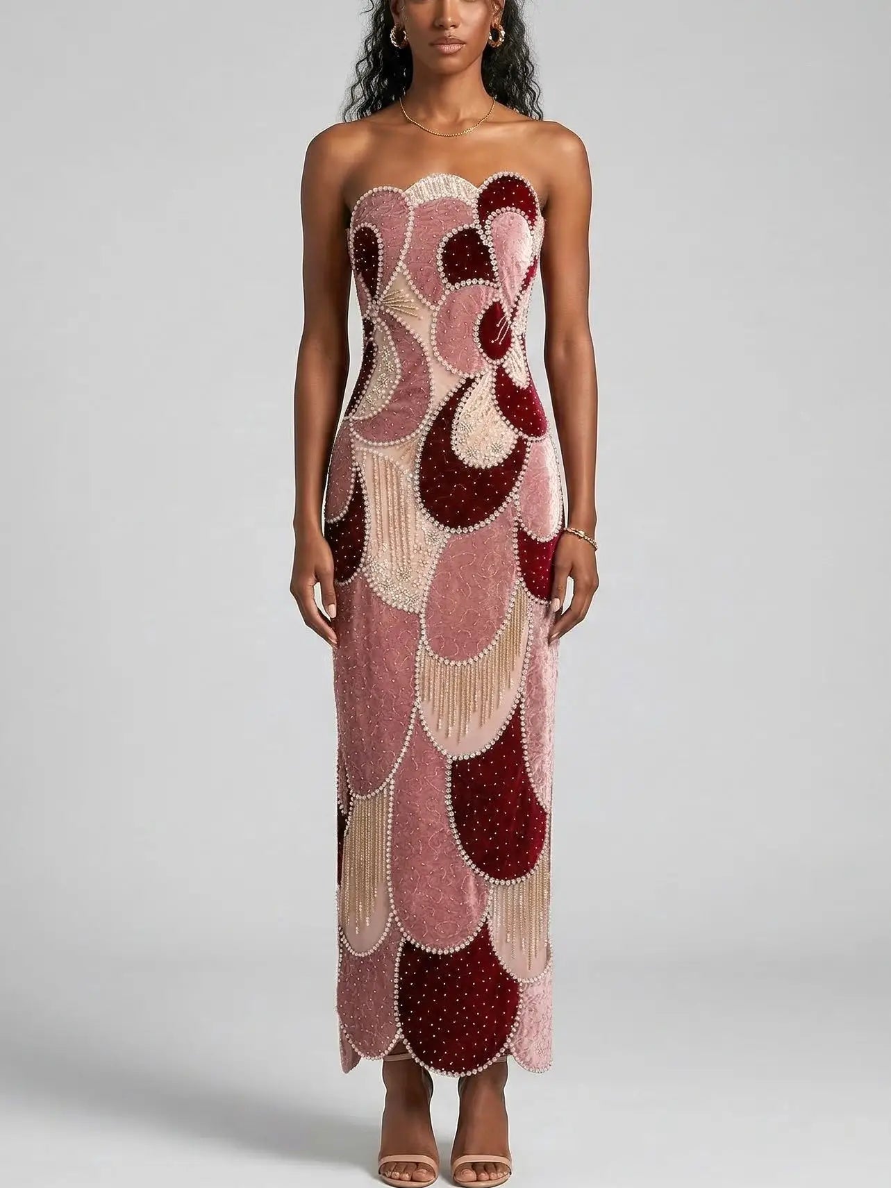 Strapless Velvet Panel Embellished Maxi Dress - Dresses