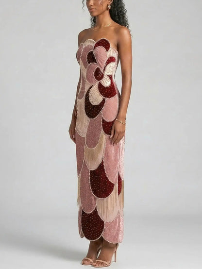 Strapless Velvet Panel Embellished Maxi Dress - Dresses
