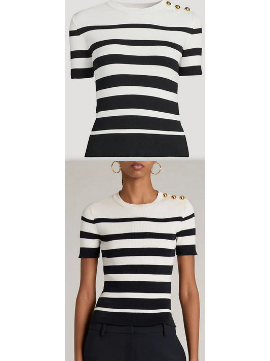 Stripe Jacquard Short-Sleeve Sweater - Branna Couture