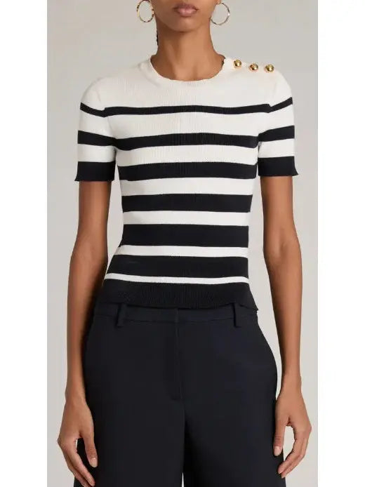 Stripe Jacquard Short-Sleeve Sweater - Branna Couture