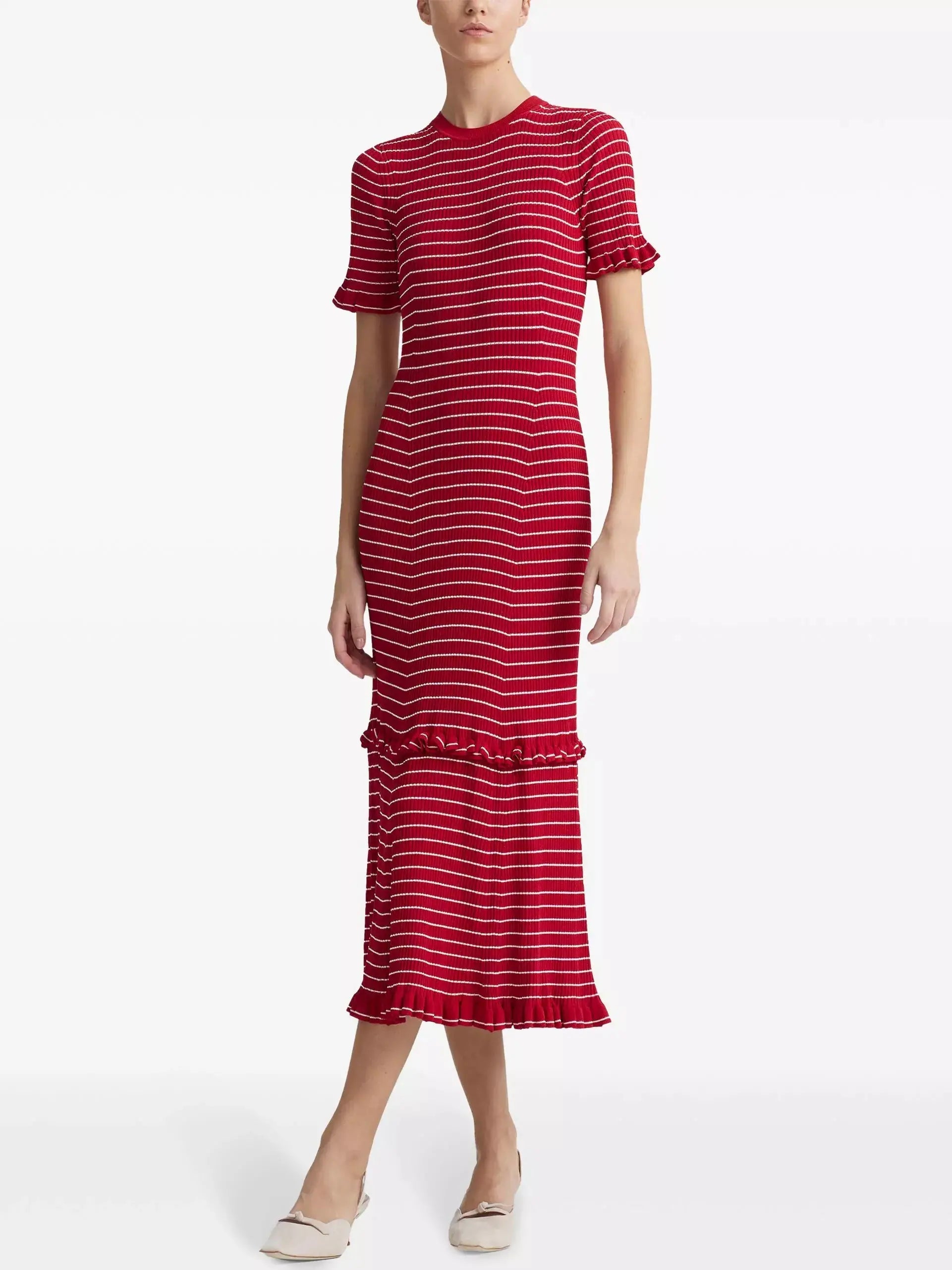 Stripe Ruffle Trim Midi Dress in Red - Branna Couture