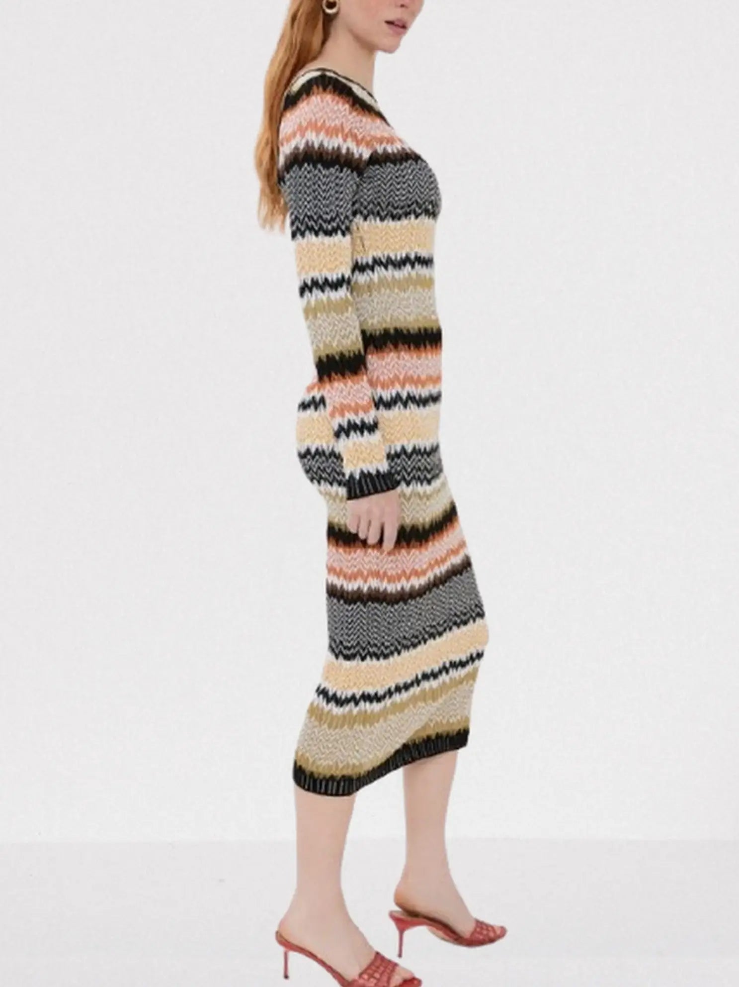 Stripe Zig Zag Knit Long-Sleeve Midi Dress - Dresses