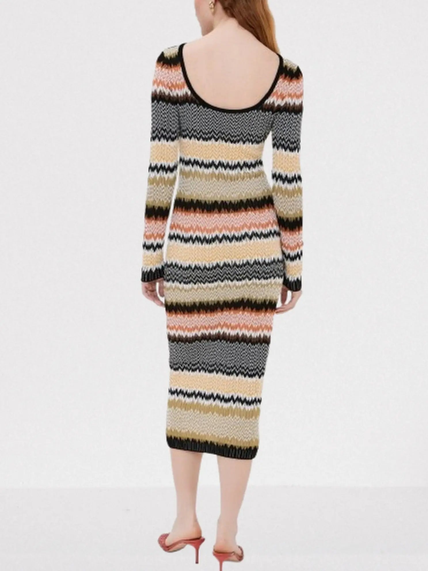 Stripe Zig Zag Knit Long-Sleeve Midi Dress - Dresses
