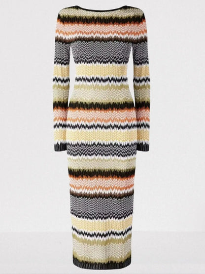 Stripe Zig Zag Knit Long-Sleeve Midi Dress - Dresses