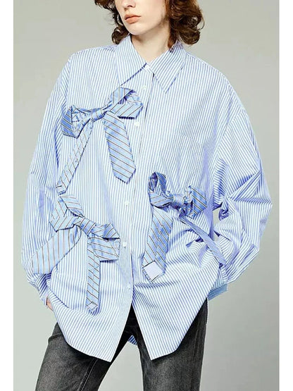 Striped Bow-Embellished Oversized Shirt - Branna Couture