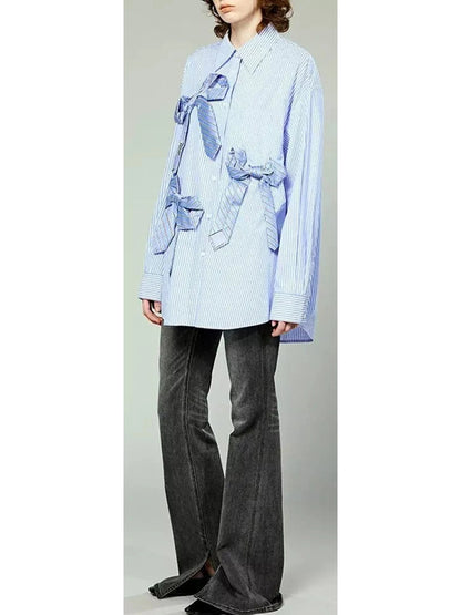 Striped Bow-Embellished Oversized Shirt - Branna Couture