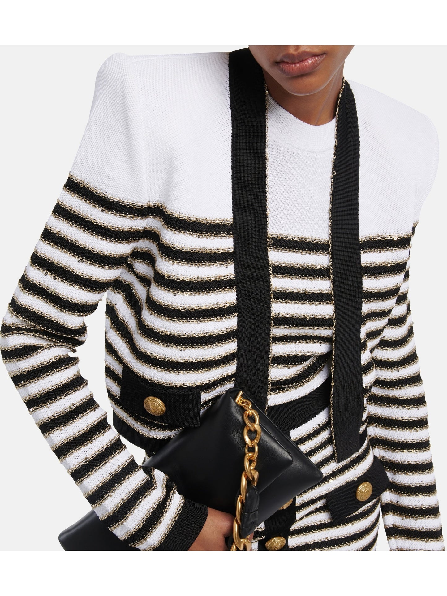 Striped Button-Embellished Metallic Knitted Cardigan - Branna Couture