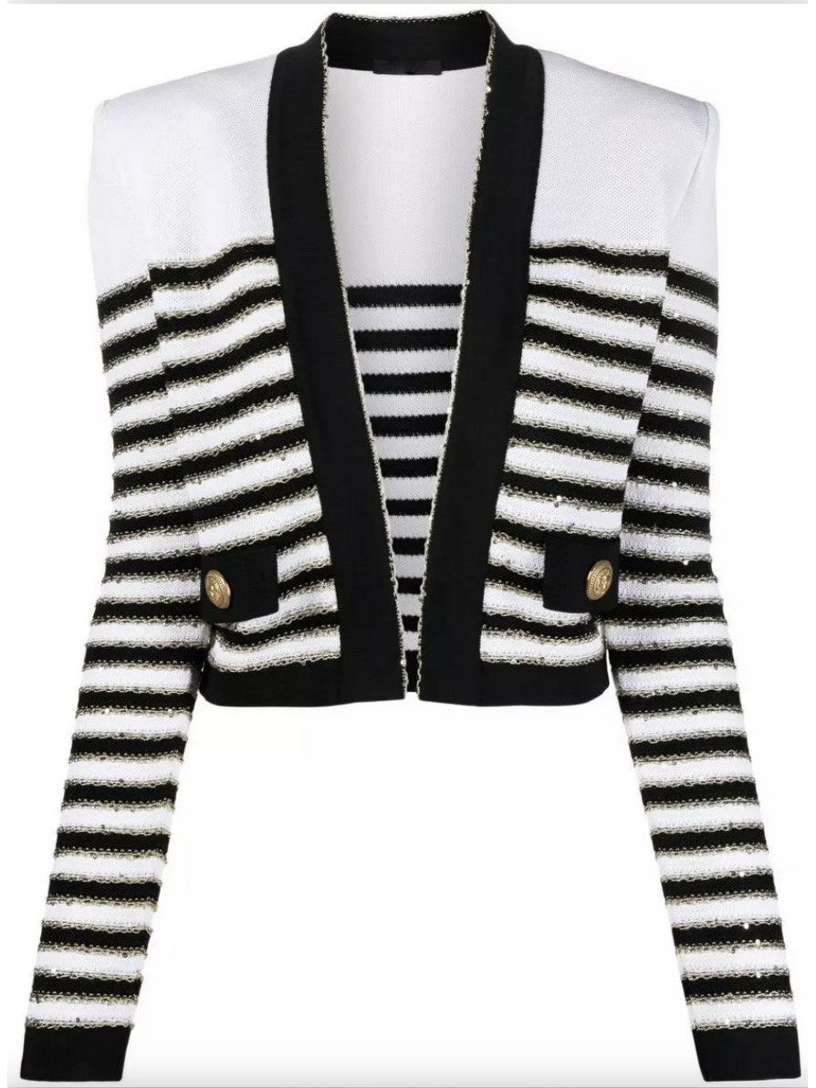 Striped Button-Embellished Metallic Knitted Cardigan - Branna Couture