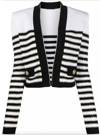 Striped Button-Embellished Metallic Knitted Cardigan - Branna Couture