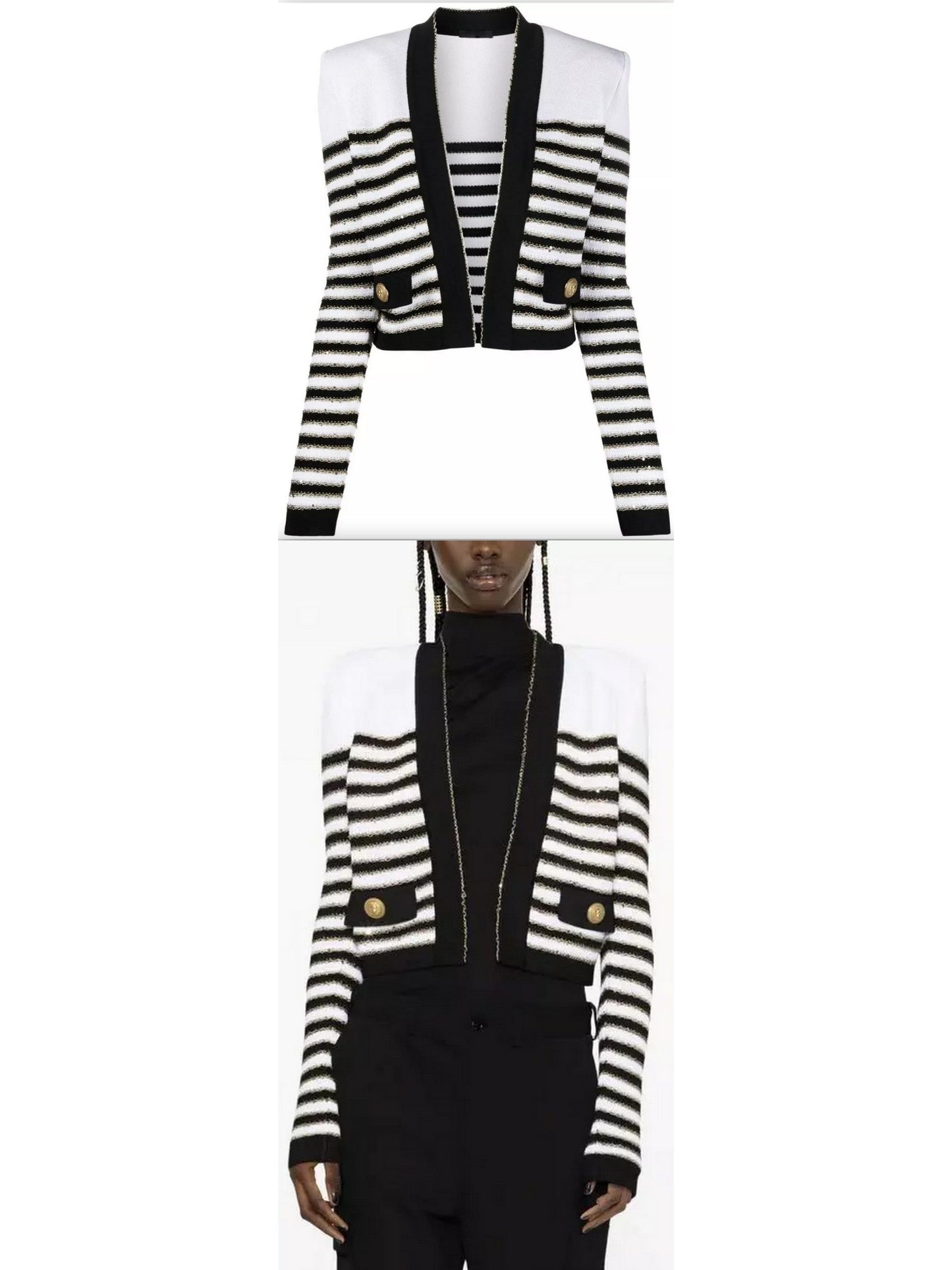 Striped Button-Embellished Metallic Knitted Cardigan - Branna Couture