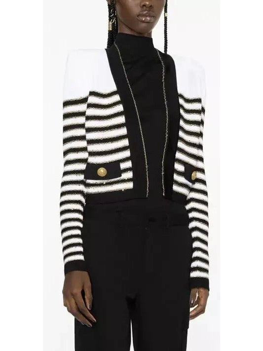 Striped Button-Embellished Metallic Knitted Cardigan - Branna Couture