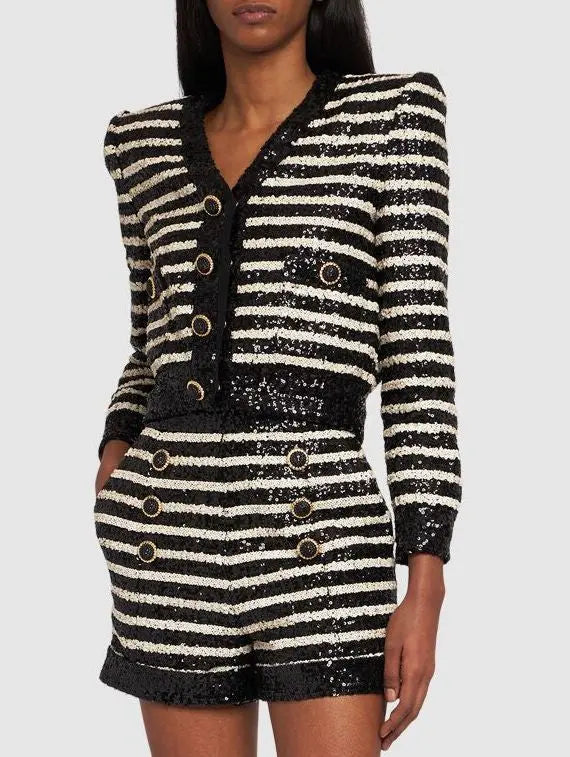 Striped Sequin-Embellished Cropped Cardigan Branna Couture