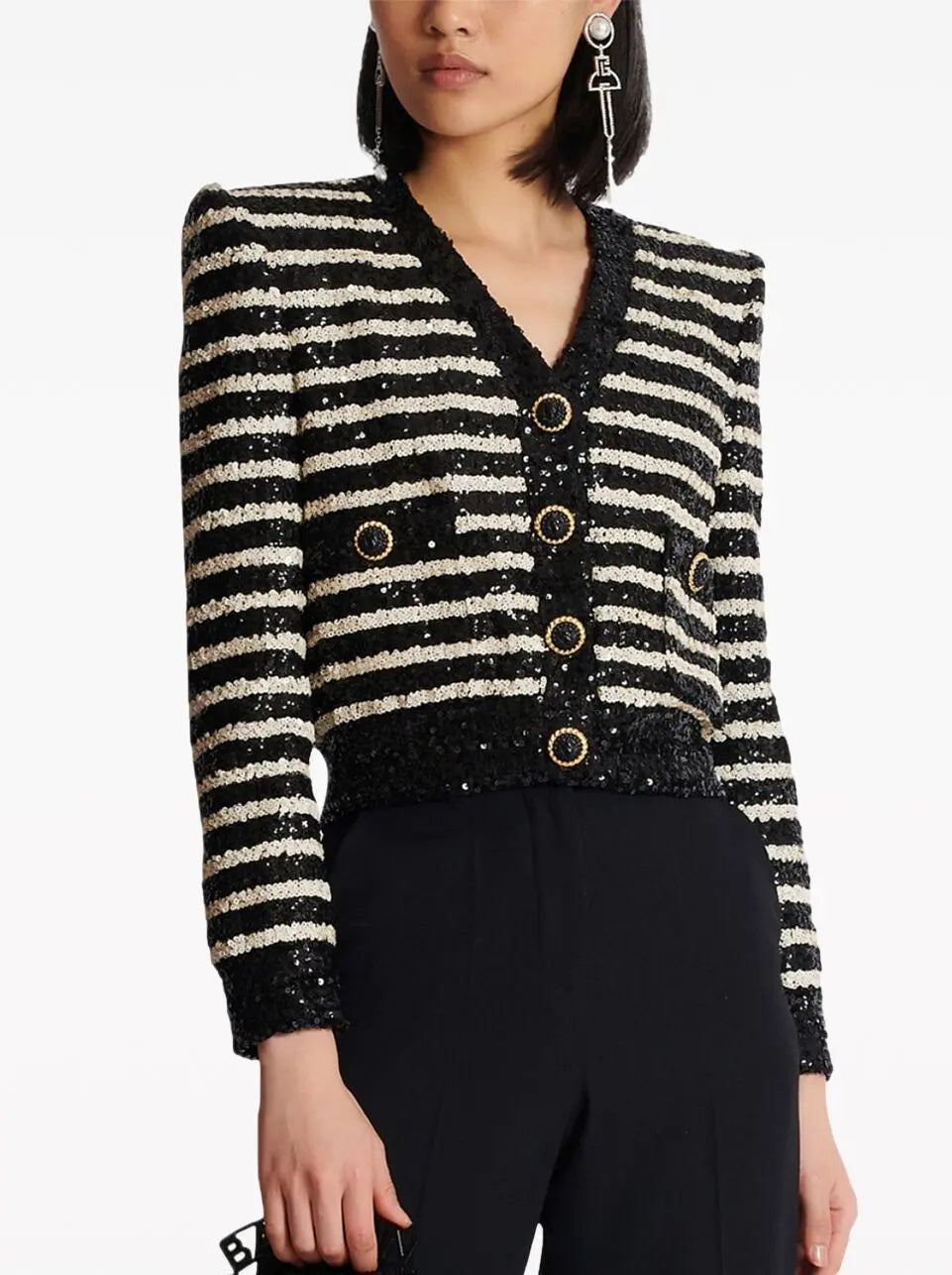 Striped Sequin-Embellished Cropped Cardigan Branna Couture