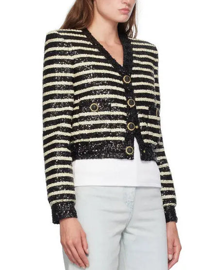 Striped Sequin-Embellished Cropped Cardigan Branna Couture