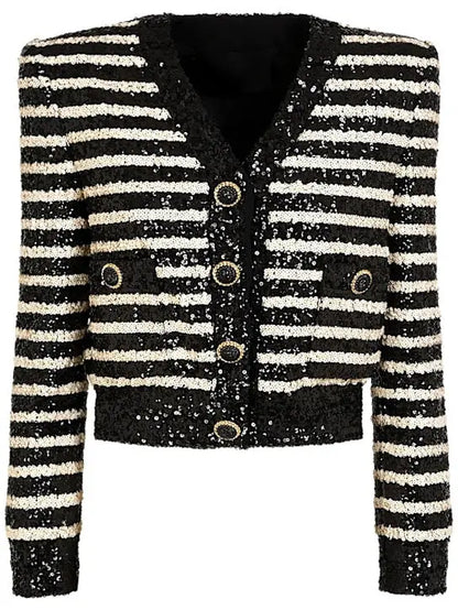 Striped Sequin-Embellished Cropped Cardigan Branna Couture