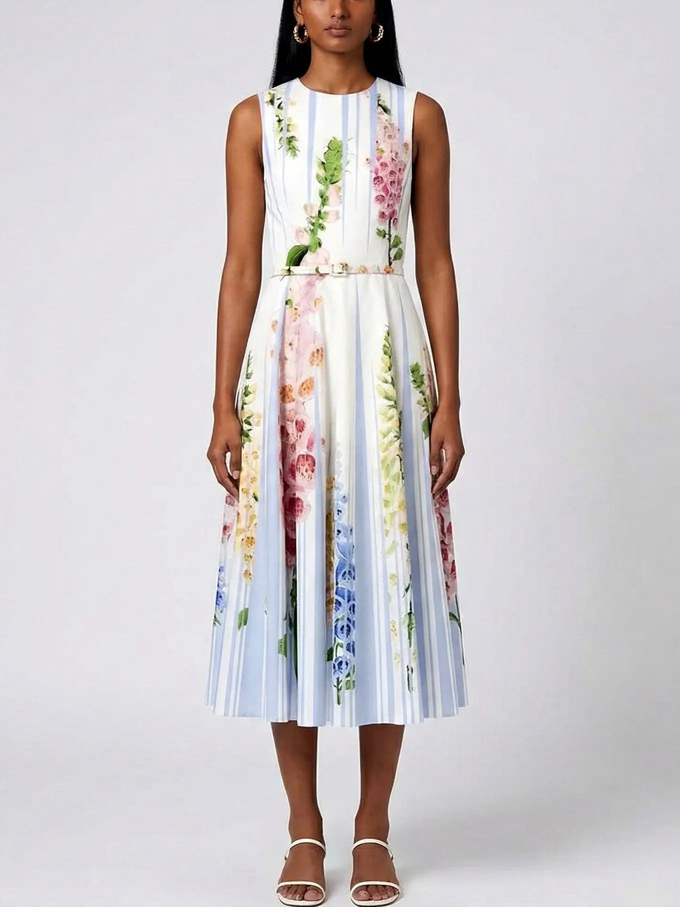 Striped Floral Belted Cotton Midi Dress - S - Dresses