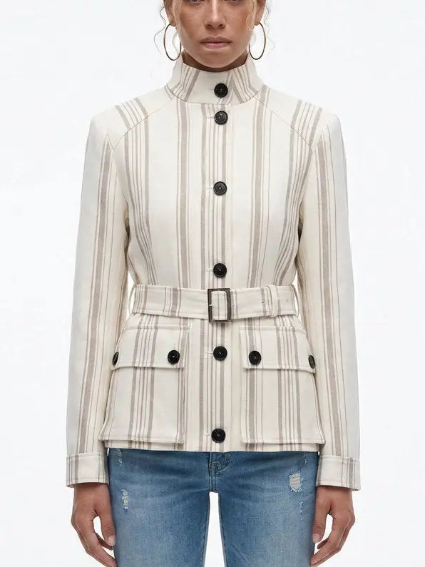 Striped Linen-Blend Belted Jacket with Stand Collar - Small - Jackets