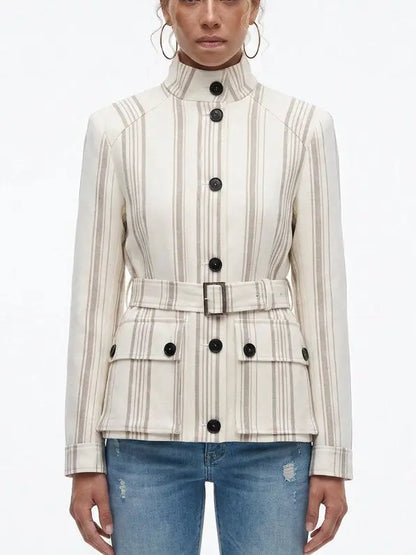 Striped Linen-Blend Belted Jacket with Stand Collar - Small - Jackets
