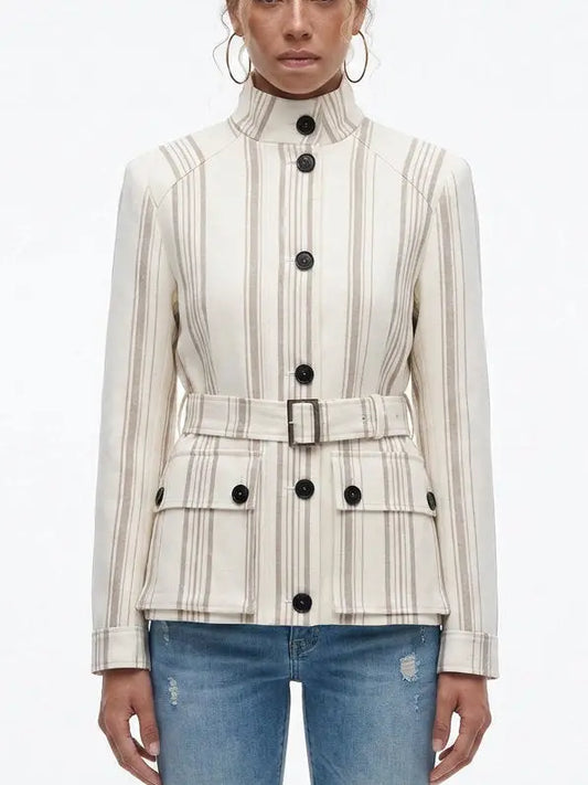 Striped Linen-Blend Belted Jacket with Stand Collar - Small - Jackets