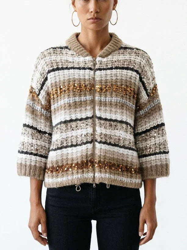Striped Sequin Cashmere Knit Zip Front Half-Sleeve Cardigan - Small - Sweaters & Knitwear