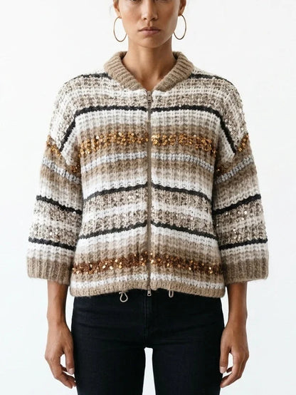 Striped Sequin Cashmere Knit Zip Front Half-Sleeve Cardigan - Small - Sweaters & Knitwear