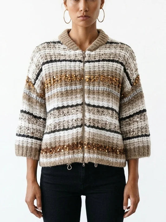 Striped Sequin Cashmere Knit Zip Front Half-Sleeve Cardigan - Small - Sweaters & Knitwear