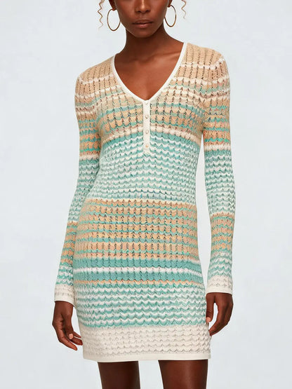 Color-Contrast V-Neck Knit Mini Dress - Small - Dresses