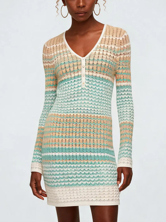 Color-Contrast V-Neck Knit Mini Dress - Small - Dresses