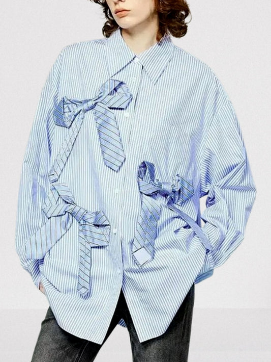 Striped Bow-Embellished Oversized Shirt
