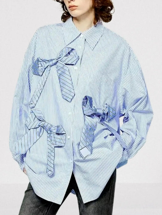 Striped Bow-Embellished Oversized Shirt - Small - Tops