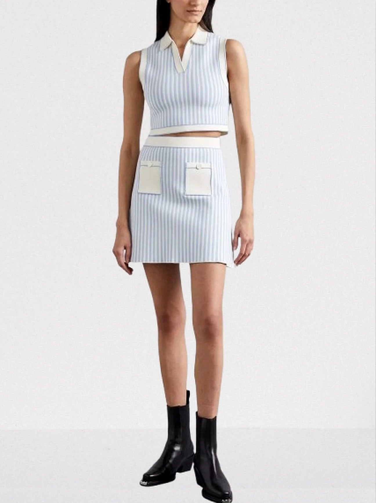Striped Cropped Knit Sleeveless Top and Skirt Set - Suits & Sets